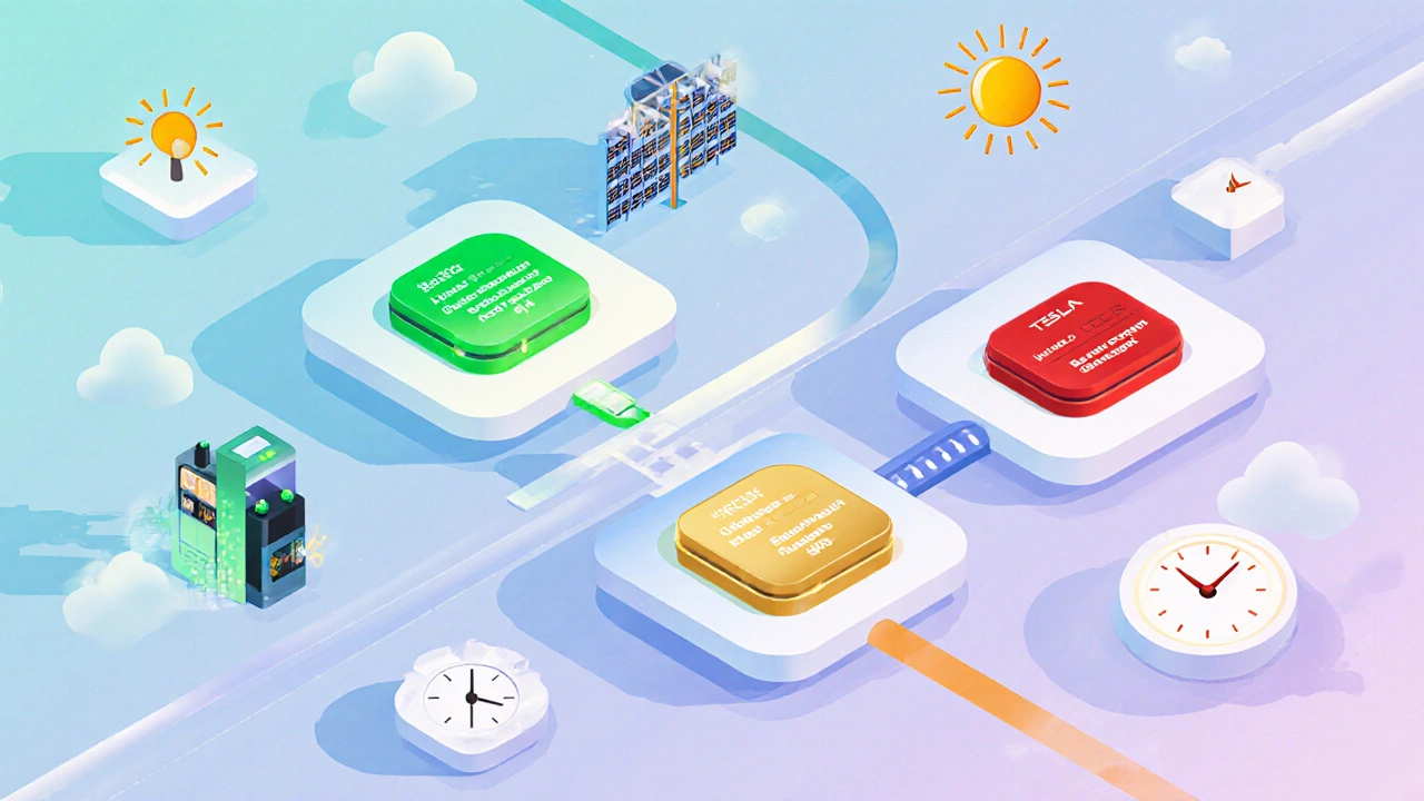 Conceptual split-path image showing home, Supercharger, and free charging costs for Tesla.