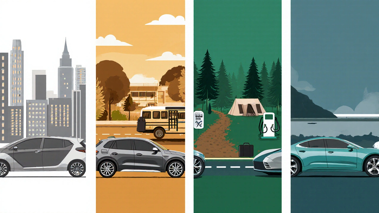 Čtyři typy aut – hatchback, sedan, SUV a sportovní – zobrazené v různých prostředích, ukazující faktory ovlivňující roční kilometrový nájezd.