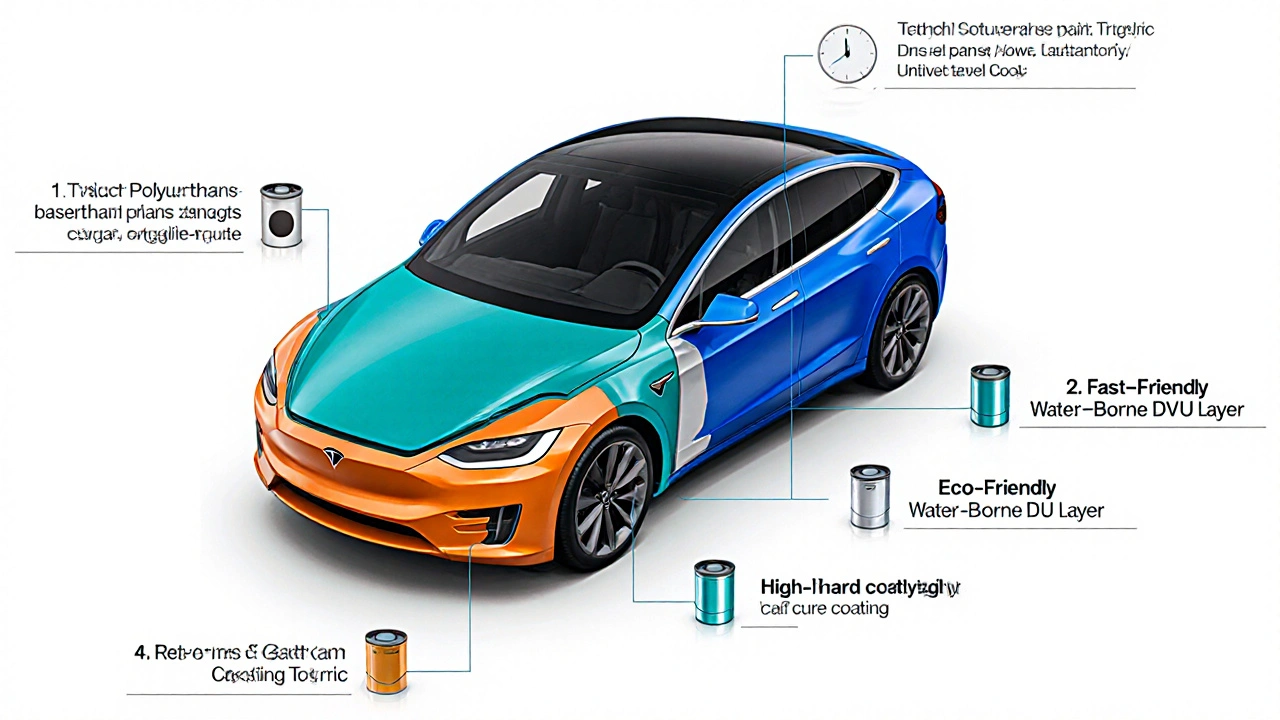 Čtyři typy autolaků (polyuretan, akryl, vodou ředitelný, katalytický) na sekcích Tesla karosérie.