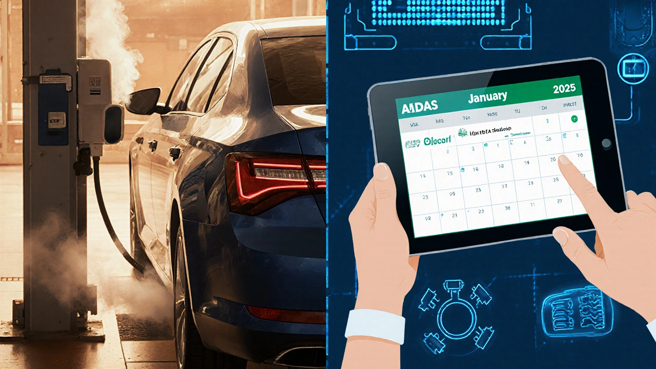 Dieselová Škoda Superb prochází testem emisí a diagnostikou ADAS systémů.