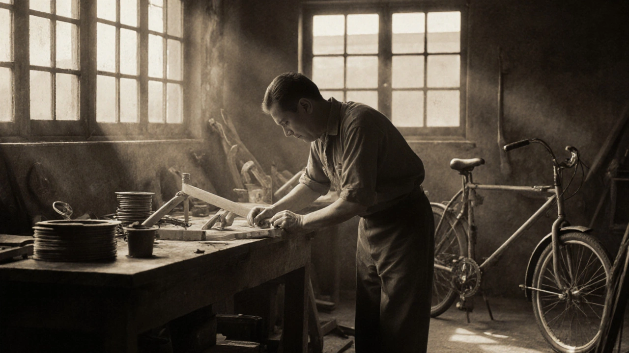Dílna z roku 1944 – Kim Chul Ho vyrábí rám pro dětské kolo.