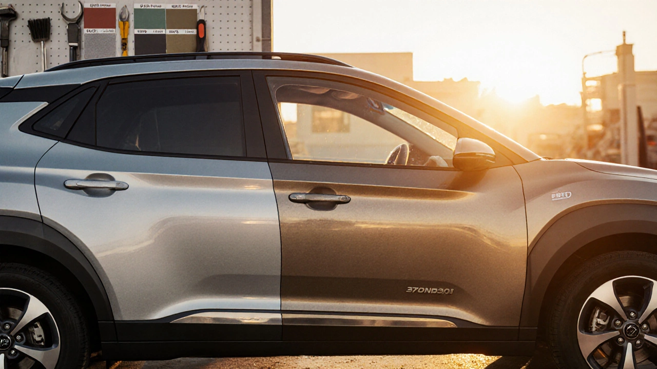 Hyundai Kona s viditelným rozdílem mezi nově lakovánou a vybledlou částí pod sluncem.