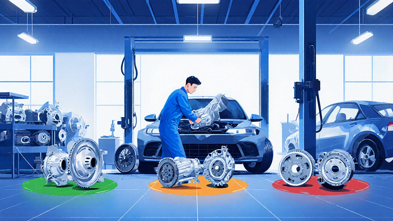Ilustrace servisu s mechanikem a třemi auty v barevných barevných zónách.