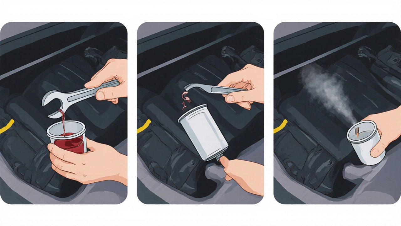 Ilustrace výměny palivového filtru u Mazdy: uvolnění, instalace, kontrola úniku.