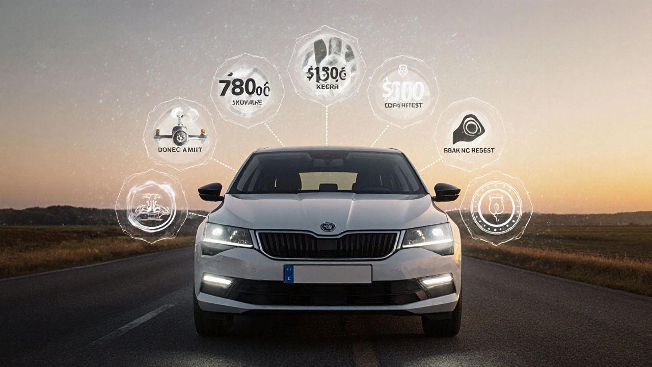 Kontrola STK s náklady a symboly bezpečnosti nad autem v krajině.