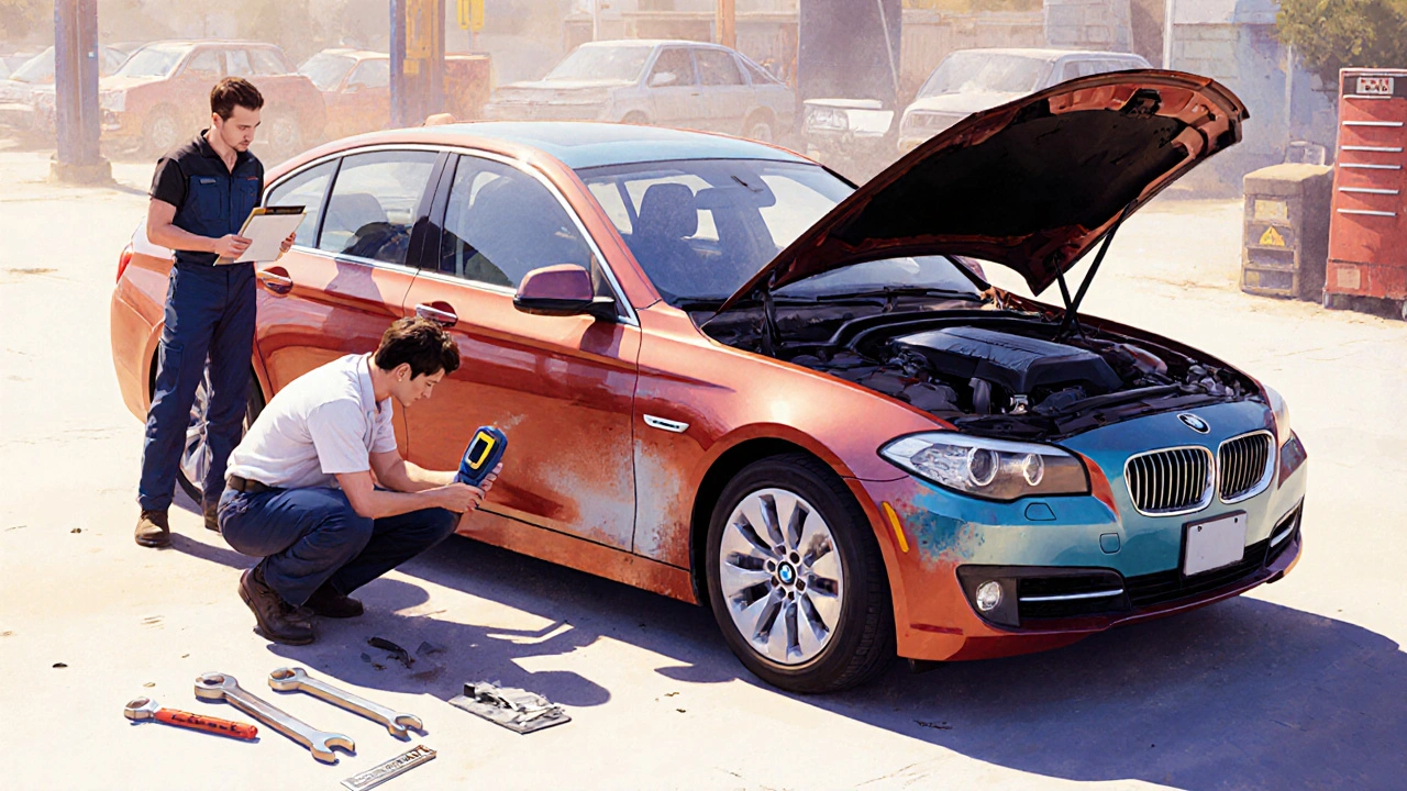 Kupující kontroluje motor a VIN štítek BMW na prodejním parkovišti.