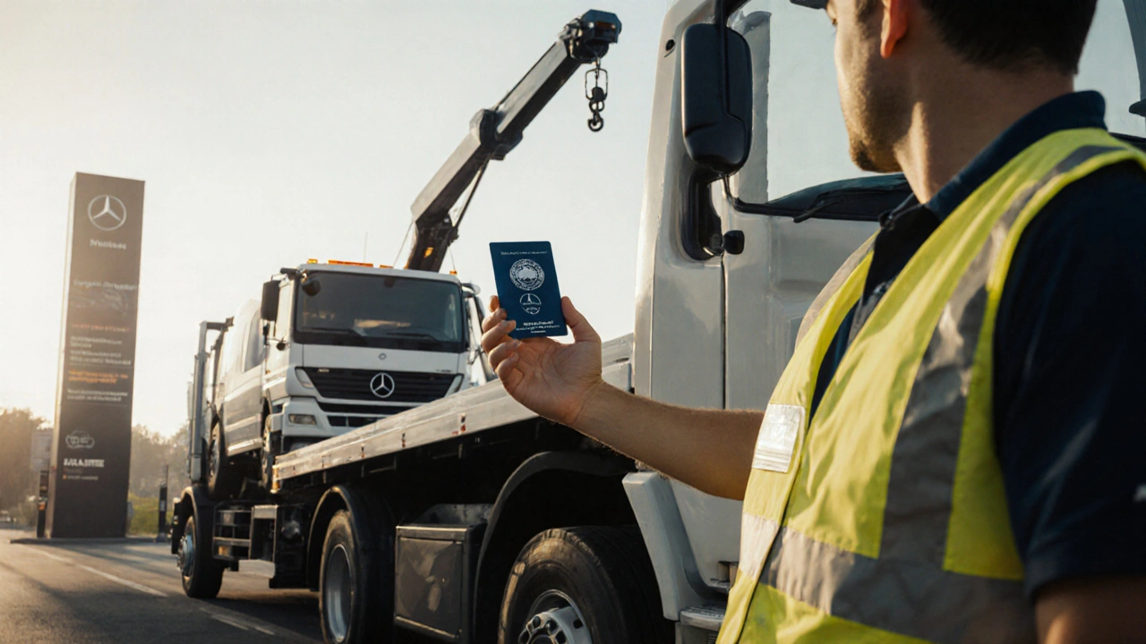 Licencovaný odtahový kamion zvedá Mercedes, řidič ukazuje osvědčení, v pozadí dokumenty a služby.