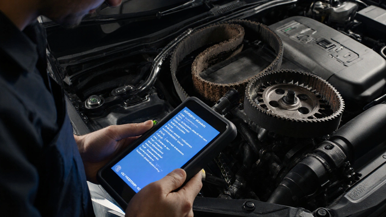 Mechanik kontroluje motor pomocí OBD‑II skeneru, uviditelné opotřebení rozvodového řemene.