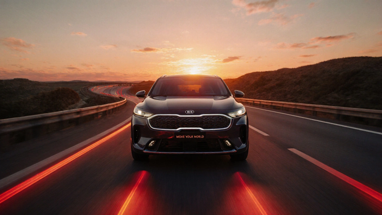 Moderní Kia EV6 projíždí osvícenou silnici za východu slunce.