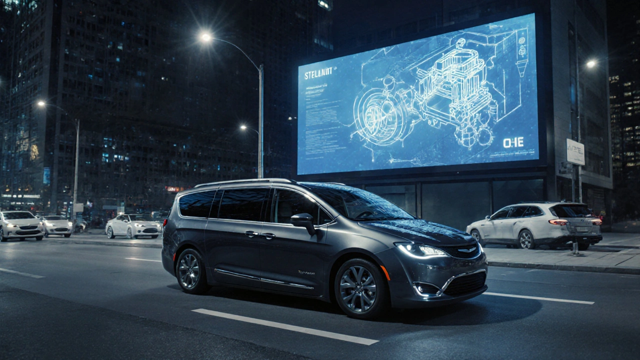 Moderní městská ulice s Chrysler Pacifica a digitálním náznakem Opel techniky.