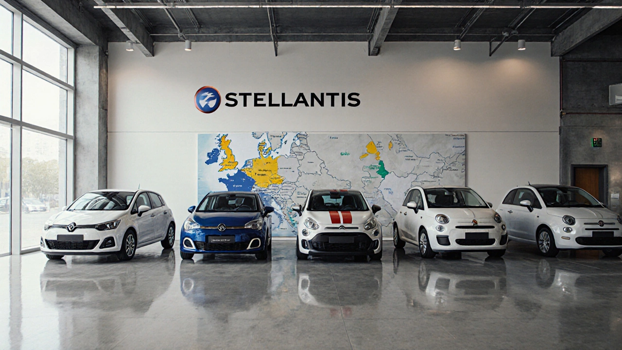 Moderní showroom s opelovým, peugeotovým a fiatovým elektrickým vozem a mapou ČR.
