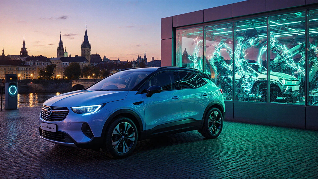 Opel EV4 u futuristické nabíjecí stanice v Praze, roboti v továrně na pozadí.