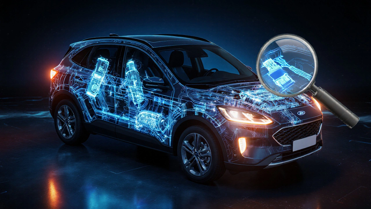 Průhledný Ford Kuga s viditelnými elektronickými systémy a datovými proudy.