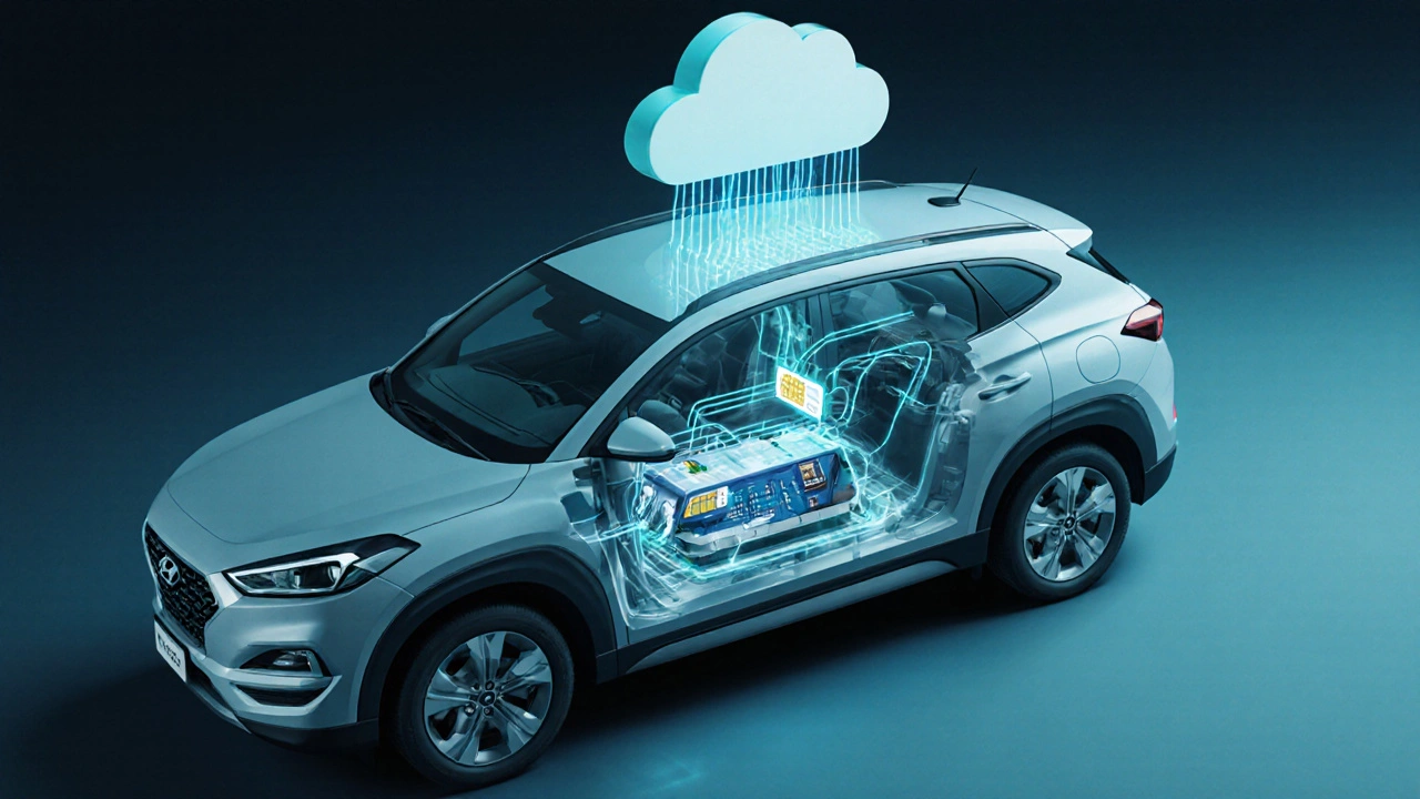 Řezové zobrazení Hyundai Tucson ukazuje TCU, SIM kartu a spojení s cloudem.