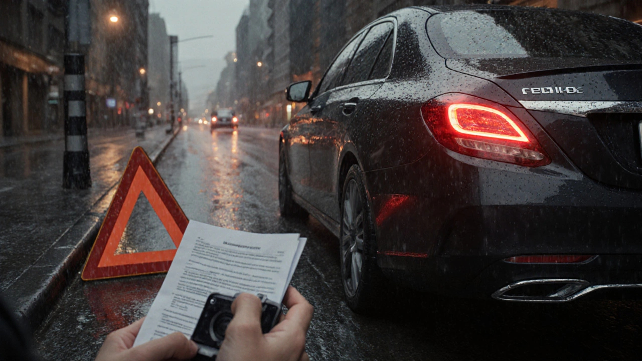 Řidič kontroluje checklist: trojúhelník, výstražná světla, pojištění a fotí poškození vedle Mercedesu.