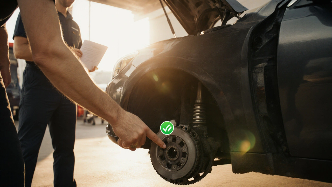 Řidič kontroluje podvozek po výměně spojky, mechanik předává záruku.
