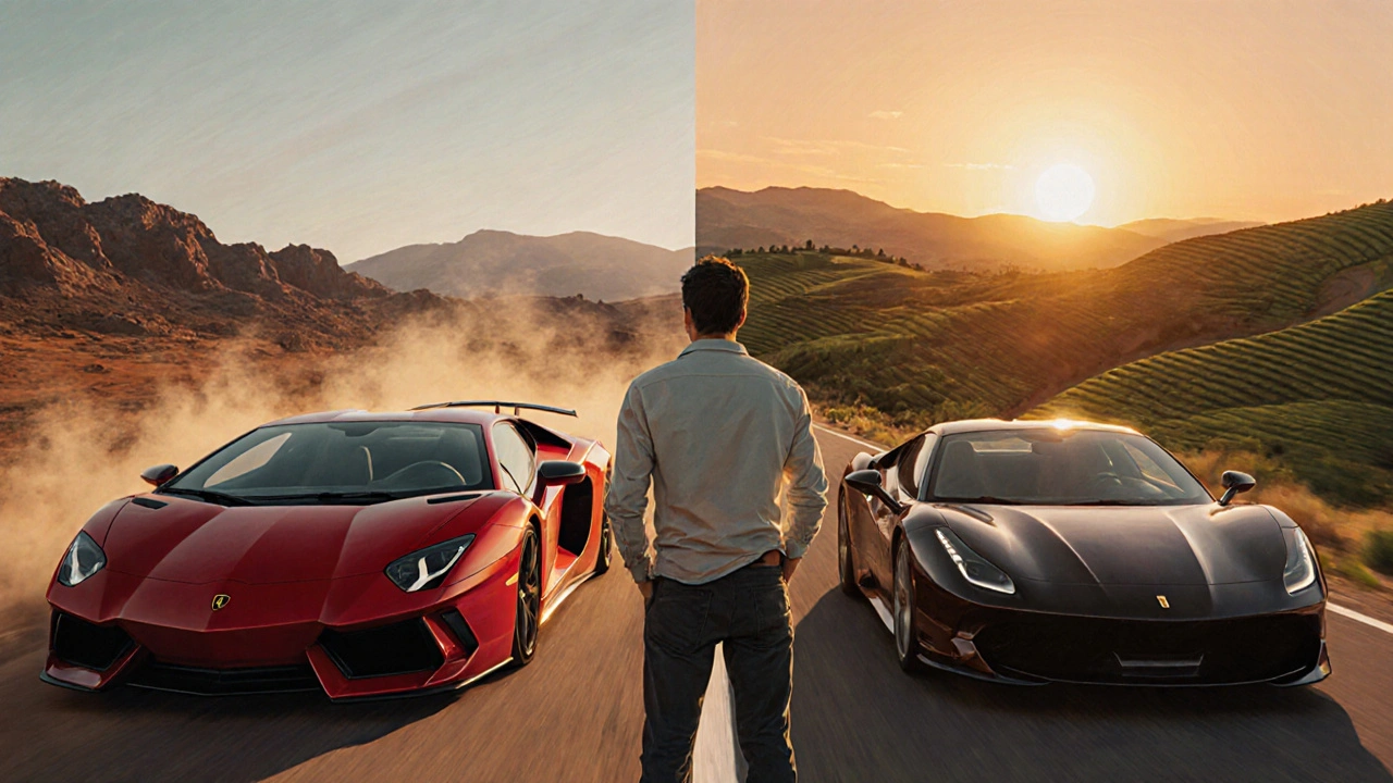 Řidič stojí na rozcestí mezi pouští s Lamborghini a toskánskou krajinou s Ferrari, volí mezi výkonem a elegancí.