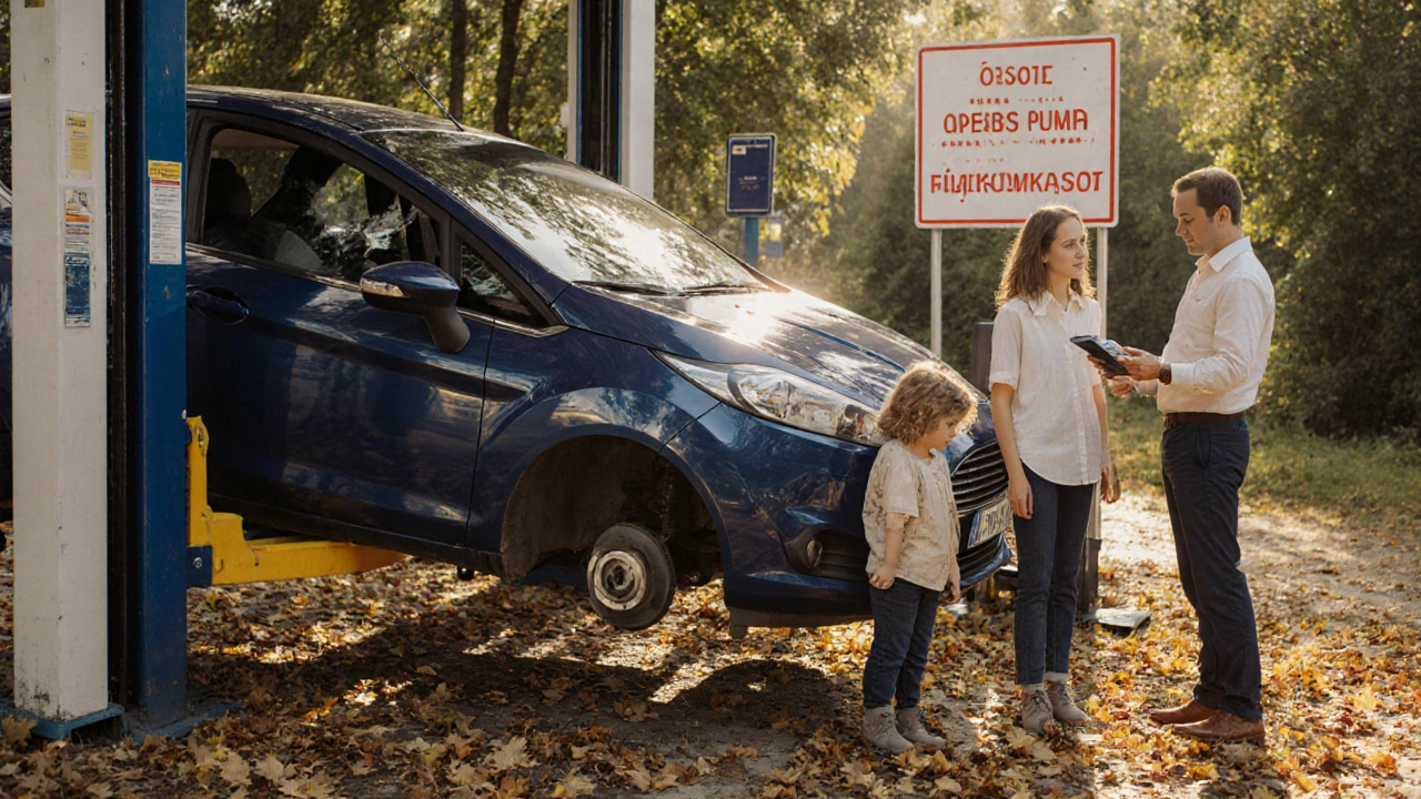 Rodina u Ford Fiesta na technické prohlídce v české venkovské dílně.
