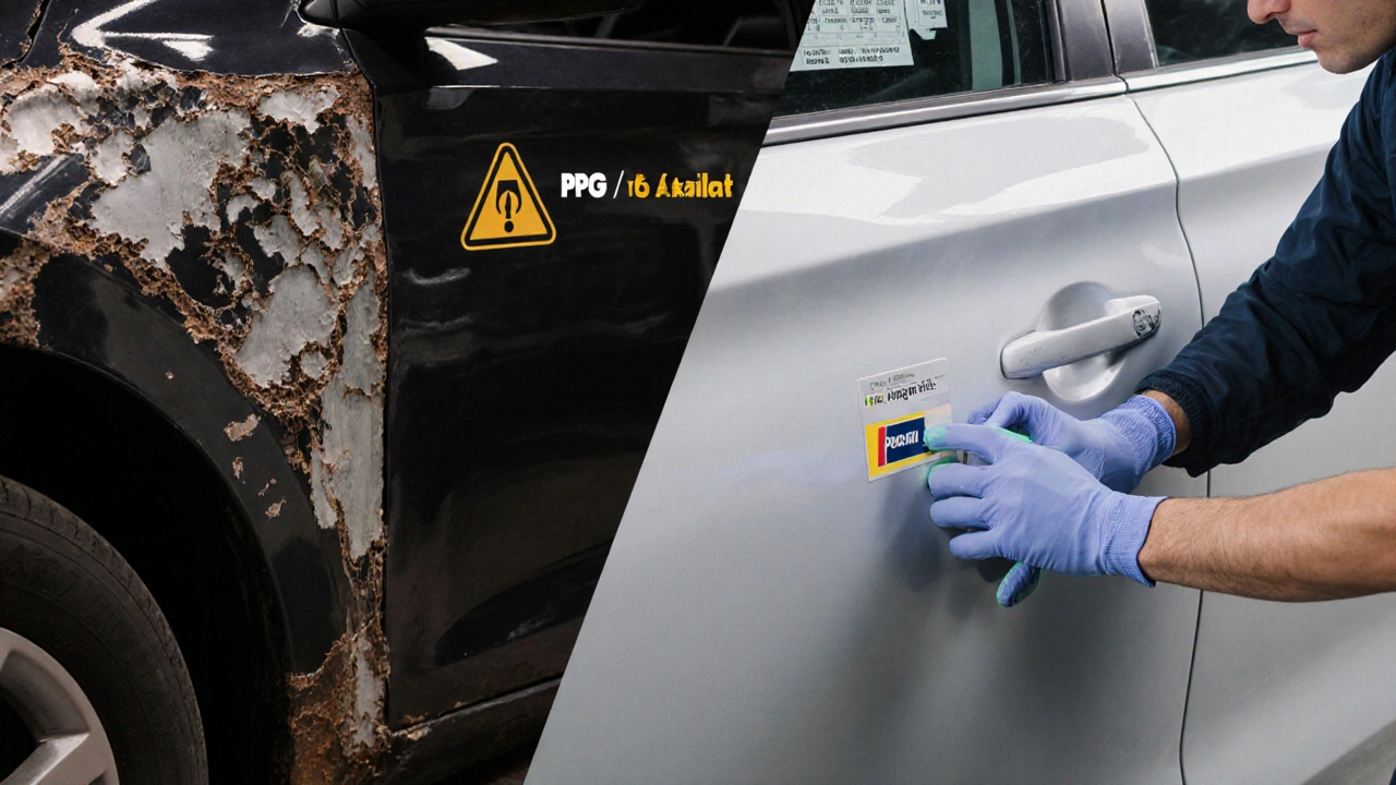 Rozdělený pohled na poškozené a obnovené auto — rust vs. dokonalý lak.