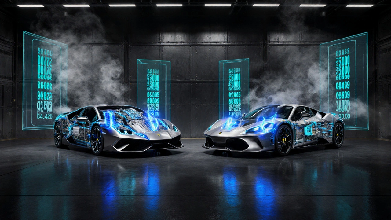 Rozřezaná motorizace Lamborghini Sián a Ferrari SF90 v futuristické dílně s neonovými efekty.