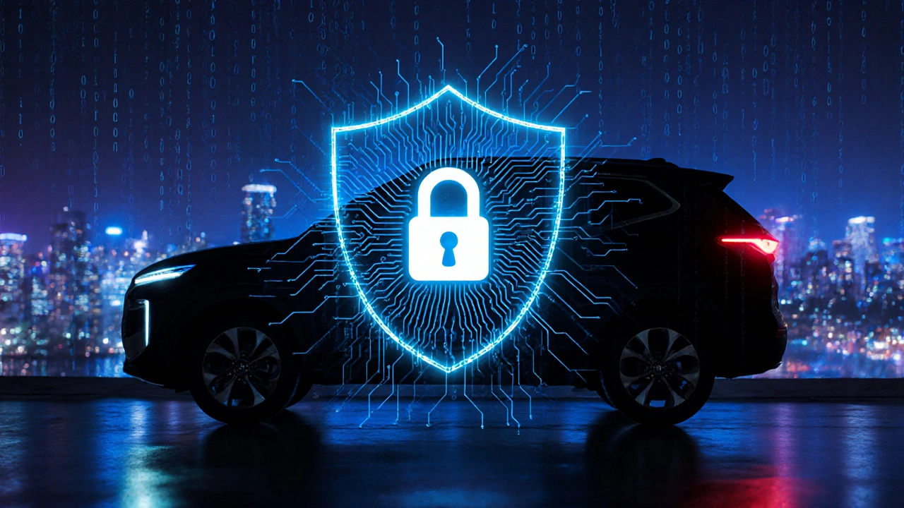 Silhouette Hyundai Santa Fe s digitální štítem a padlockem naznačujícím zabezpečení.
