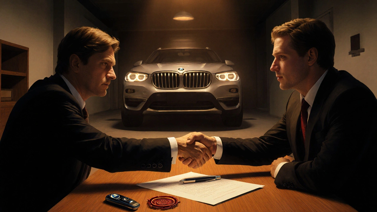 Souprava převzetí BMW – podání ruky, smlouva a auto v pozadí.