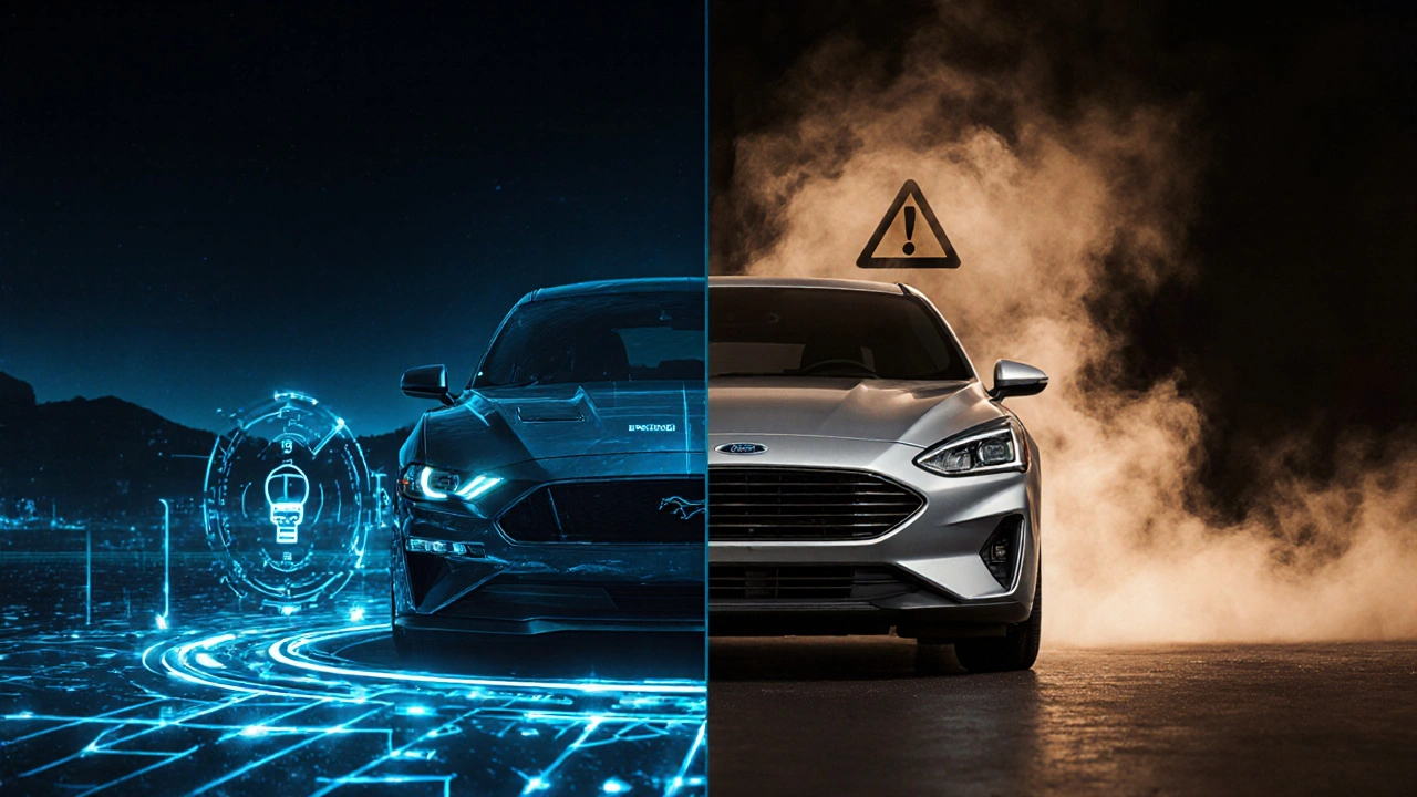 Srovnání elektrického a dieselového auta s diagnostickými symboly.