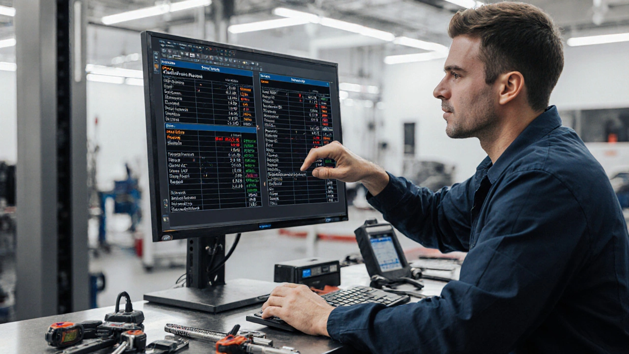 Technik analyzuje diagnostická data na obrazovce v autoservisu.