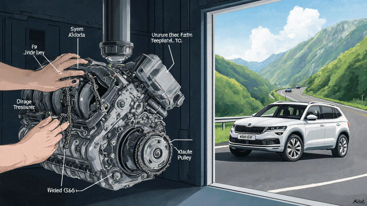 Technik vyměňuje rozvodový řetěz, za oknem Kodiaq jede po horské silnici.