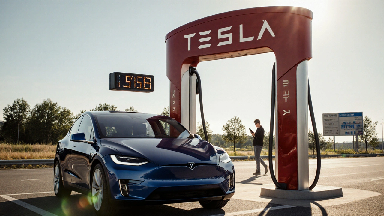 Tesla Model Y fast-charging at Supercharger station with price per kWh displayed.