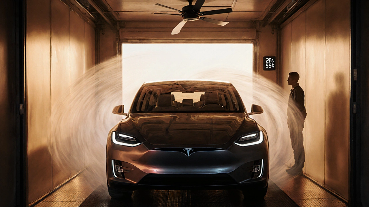 Tesla v klimatizované kabině s ventilátorem, teplotou 24 °C a stabilním leskem laku.