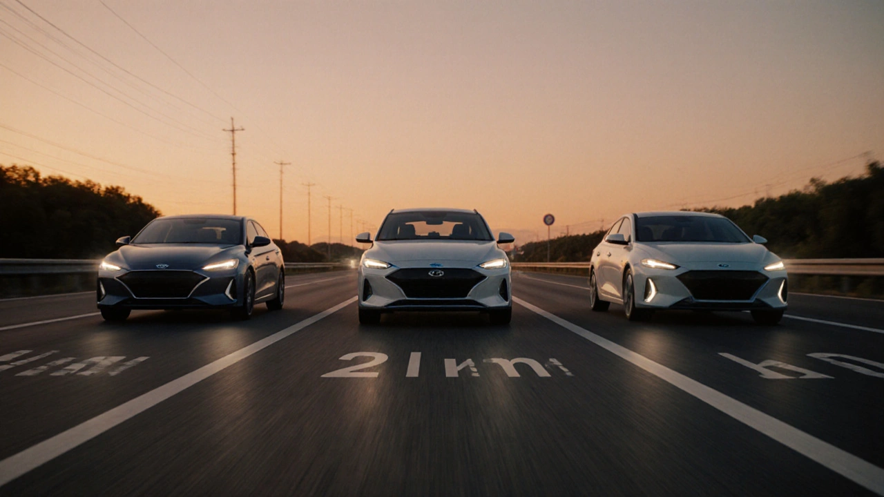 Tři auta na silnici – benzín, hybrid a plug‑in hybrid – ukazující potřebnou vzdálenost pro dobíjení.
