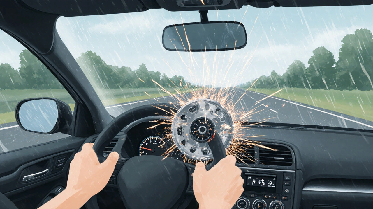 Auto na dálnici s přerušeným spojením mezi motorem a převodovkou, řidič v panice.