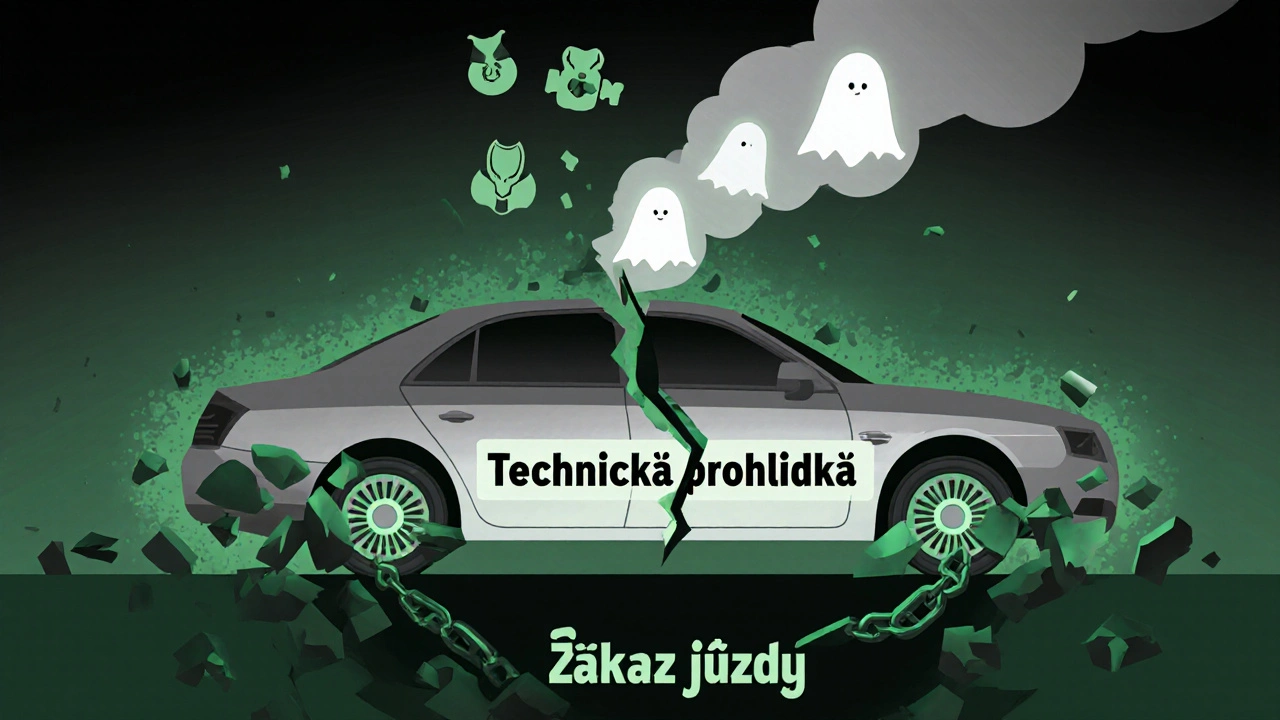 Auto s rozbitým řetězem technické prohlídky a vystupujícími emisemi jako duchy.