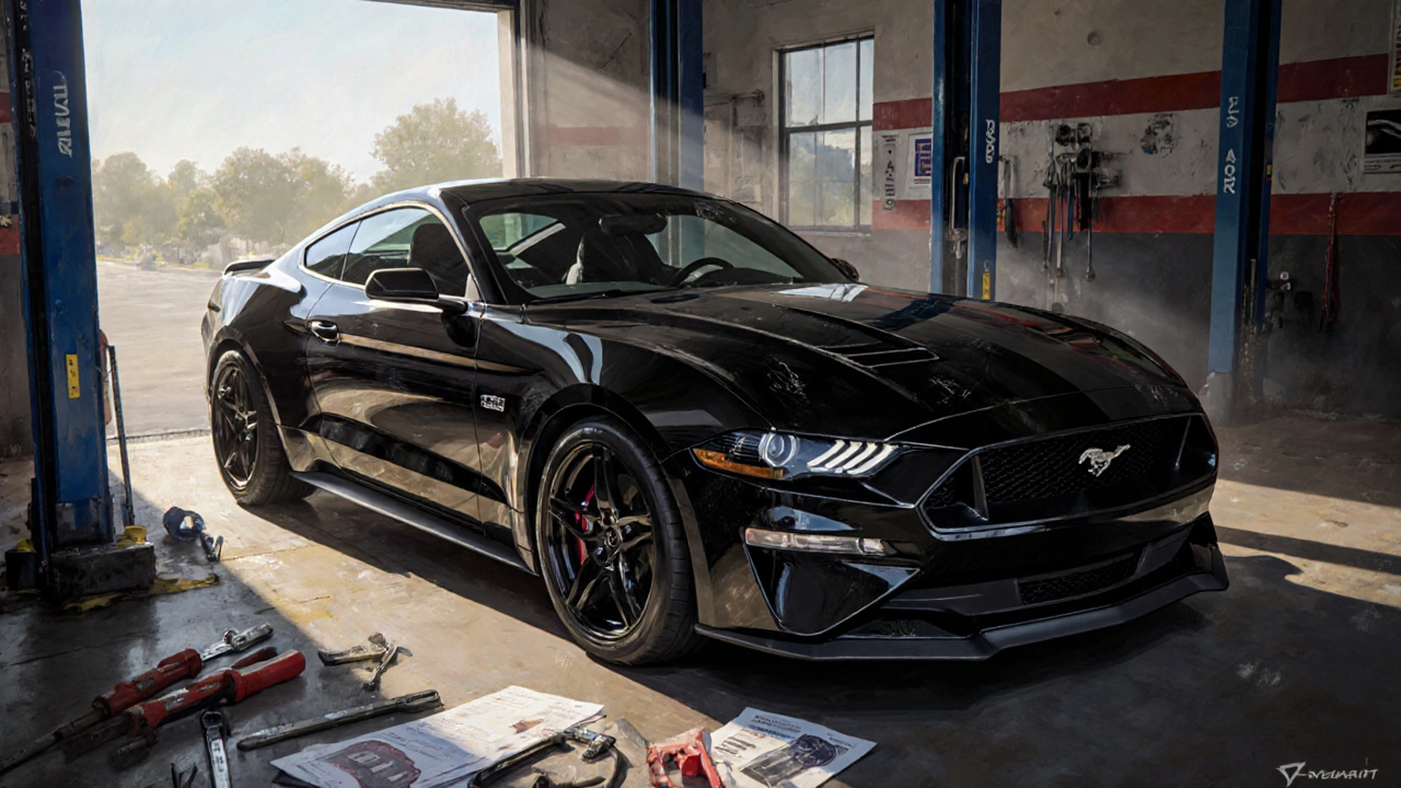 Černý použitý Ford Mustang GT z roku 2018 v garáži s nářadím a servisními knížkami.