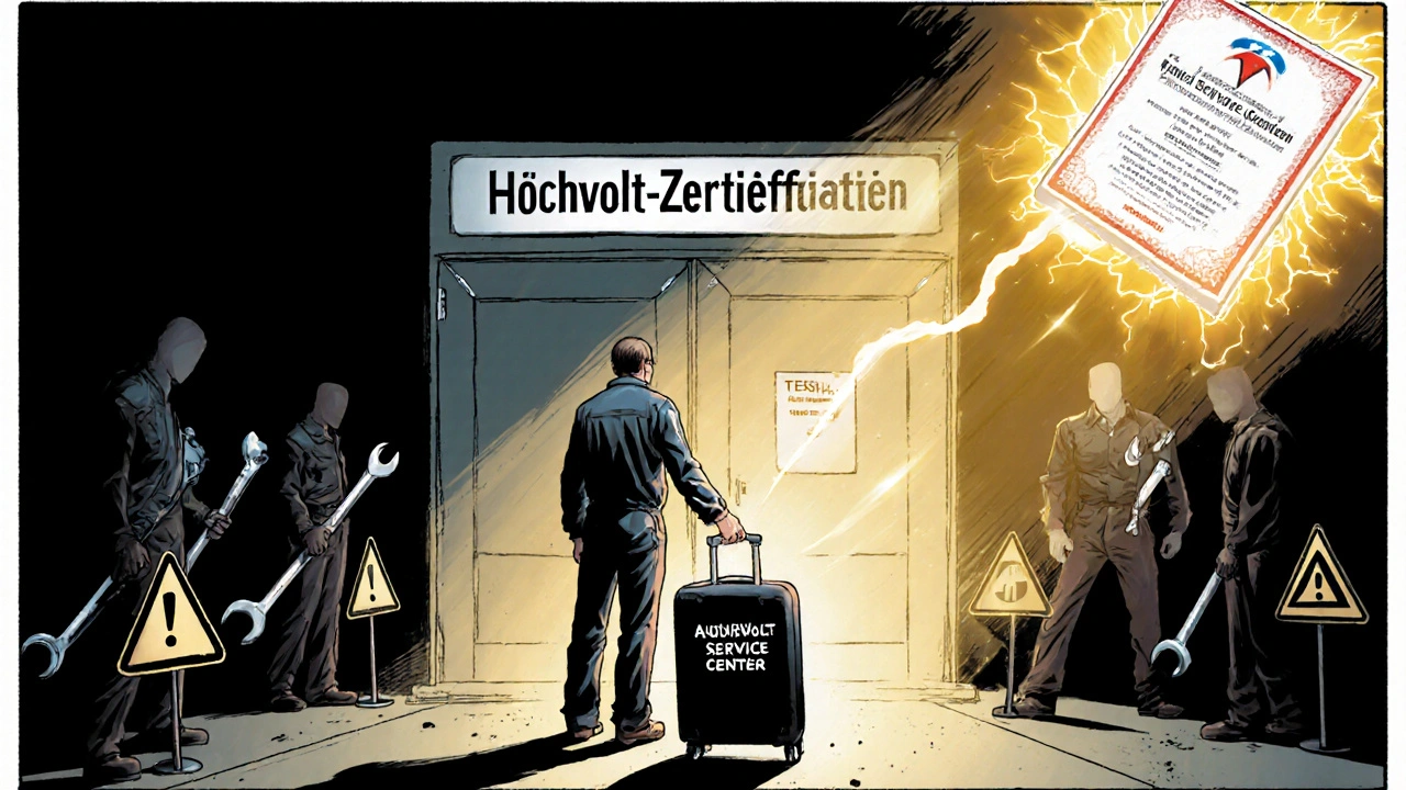 Český mechanik stojí před dveřmi s certifikací pro vysoké napětí, symbolizující přechod k nové kvalifikaci.