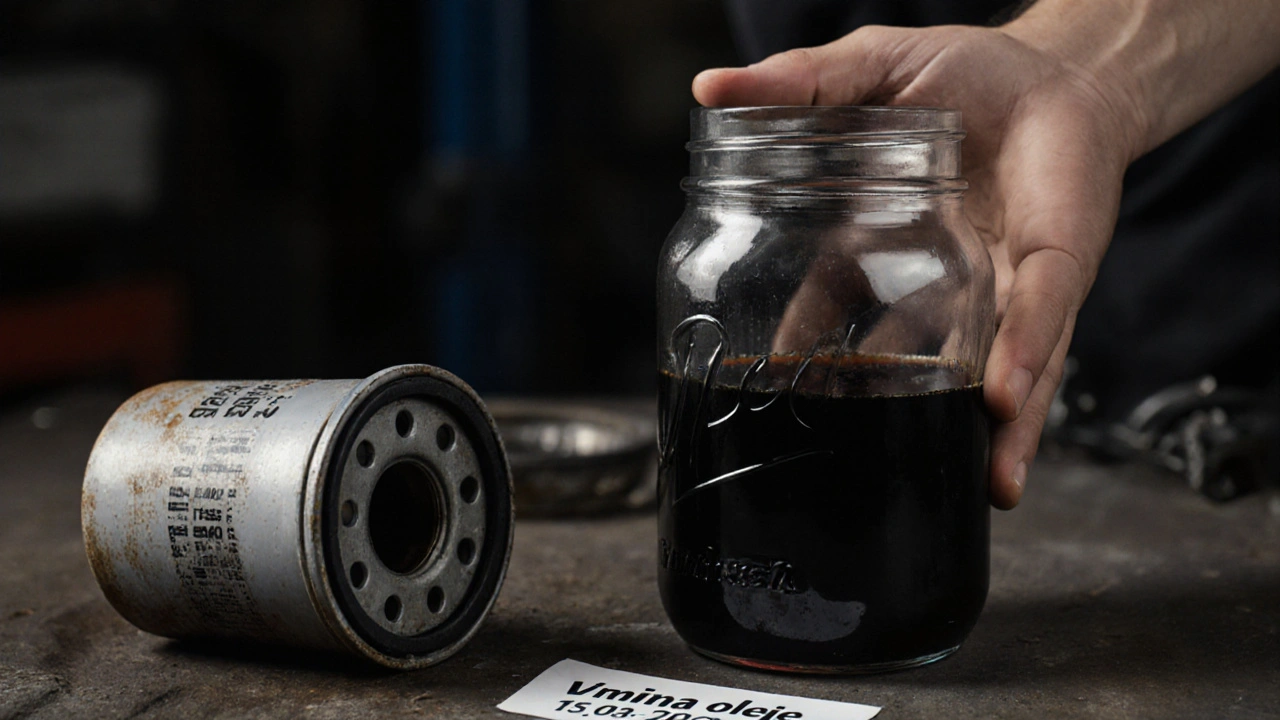 Čistý olej v skleněné nádobě vedle použitého olejového filtru a servisní nálepky.