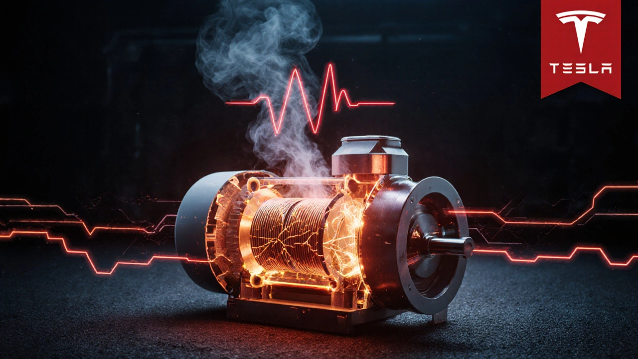 Cross-section of an overheating electric motor with spinning wheels and warning symbols.