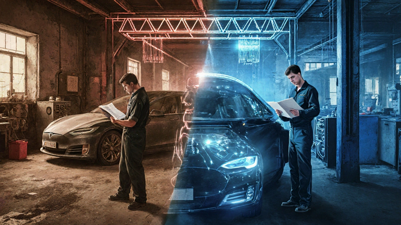 Dvě scény: starý servis v Česku a moderní dílna v Německu spojené světelnou cestou překvalifikace.