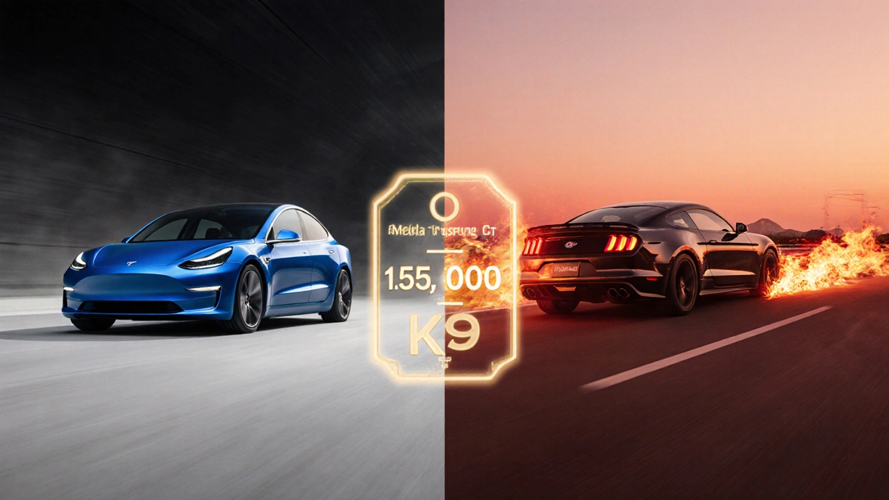 Dvoučástný obraz: Tesla Model 3 a Ford Mustang GT vedle sebe, symbolizující technologii a emoci.