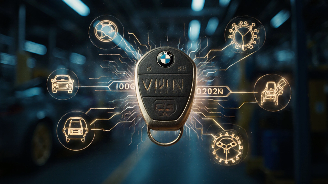 Holographic VIN code transforming into car features with a vintage key fob.