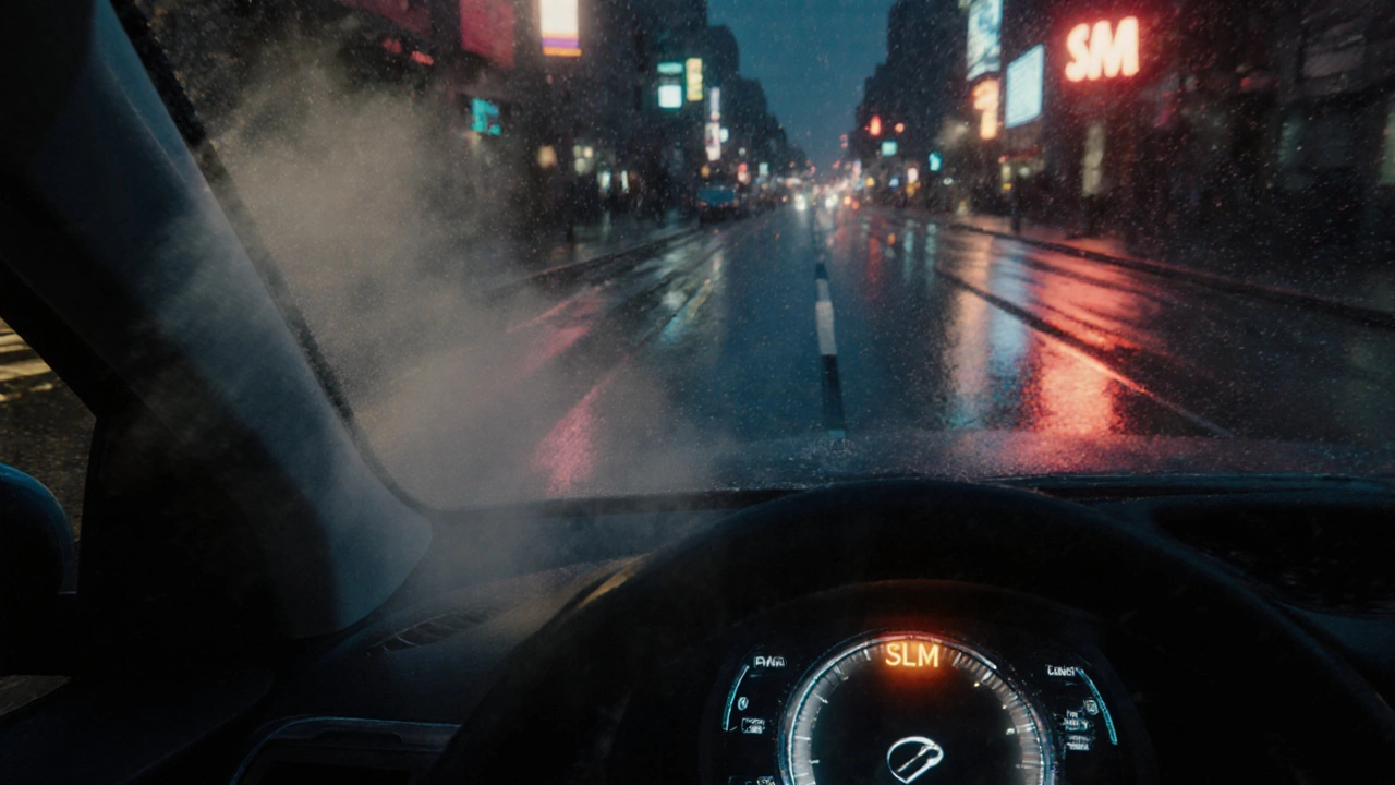 Hyundai i30 jel deštivou ulicí, na přístrojové desce svítí upozornění na výměnu oleje.