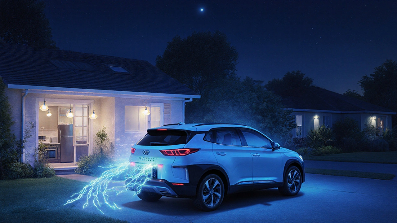 Hyundai Ioniq 5 dodává energii do domácnosti během výpadku proudu v noci.
