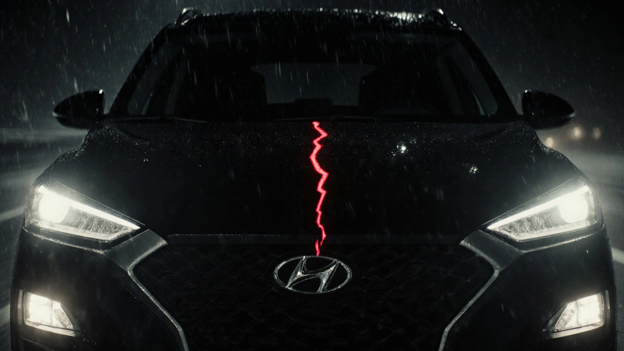 Hyundai Tucson na dálnici s varovnou červenou čárou v motoru.