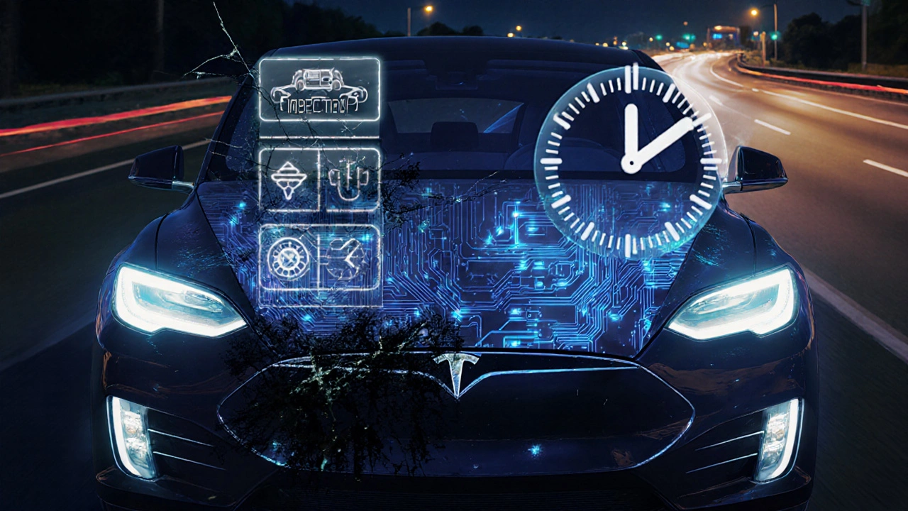 Konceptuální obrázek Tesly s znečištěným senzorem a praskající štítek technické prohlídky.