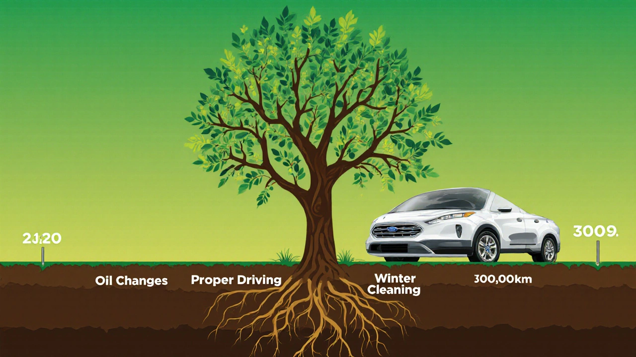 Konceptuální strom životnosti auta s kořeny označenými klíčovými faktory údržby.