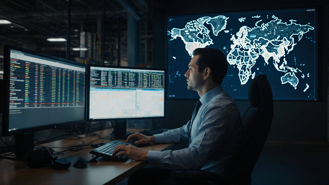 Manažer bezpečnosti analyzuje data o podezřelých transakcích v továrně.