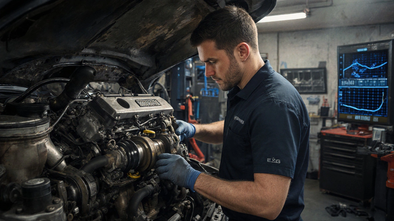 Mechanik čistí EGR ventil a DPF filtr v dílně s diagnostickými obrazovkami.