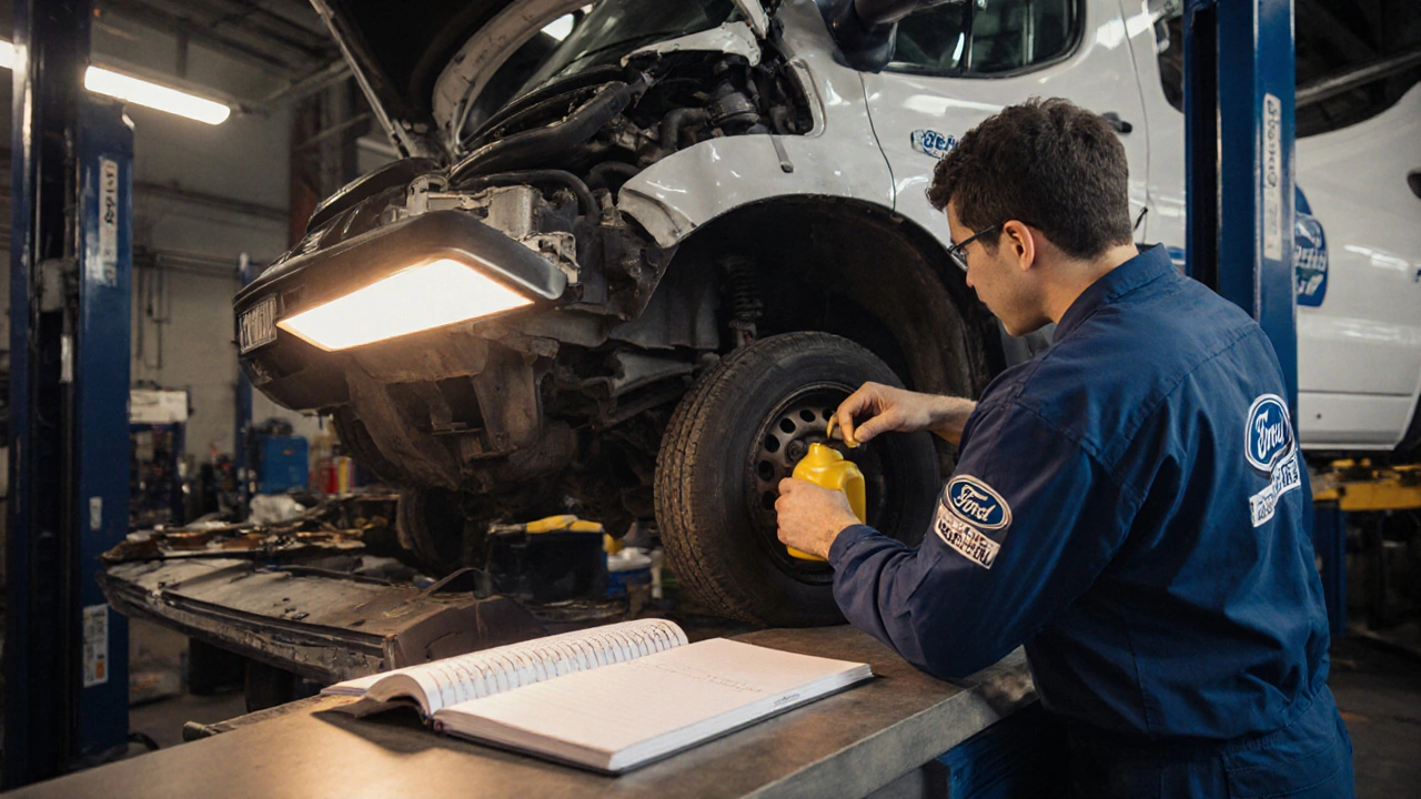 Mechanik kontroluje olej v Ford Transit s přes 400 000 km.