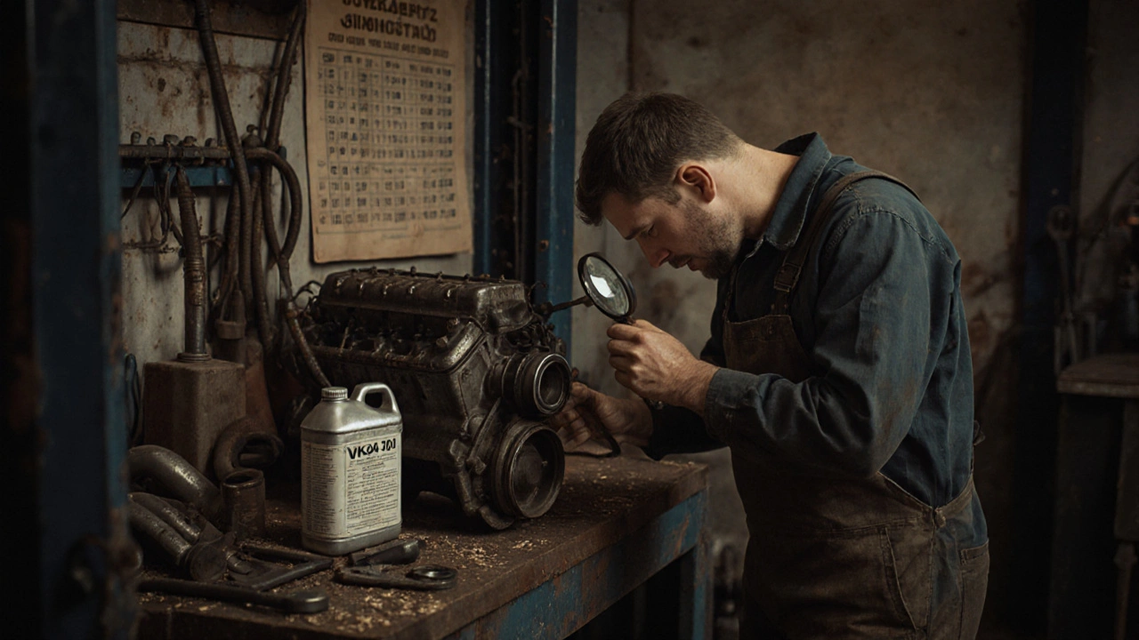 Mechanik prohlíží zaseknutý motor na závodním stole s označeným olejem VW 504 00.